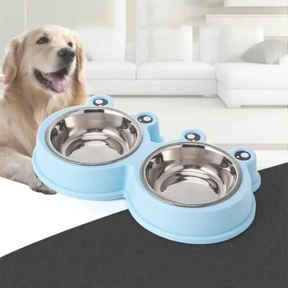 Pet Dog Food Feeder Double Bowl Stainless Steel Rounded Cute Cartoon Frog Style - Picture 4 of 7